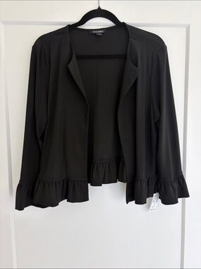 Black Open-Front Ruffle Hem Jacket by TOZGLALI
